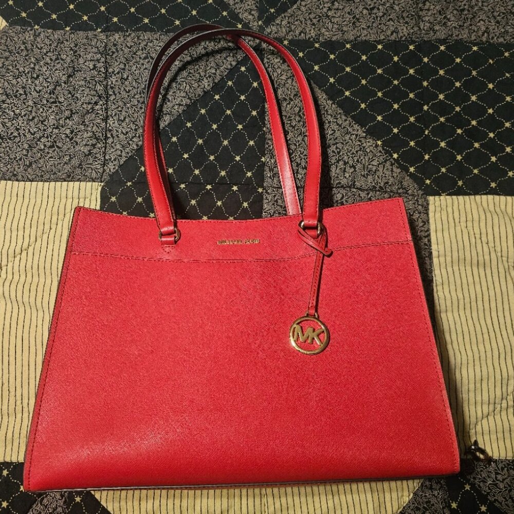 Michael Kors Saffiano Tote Bright Red with Red Zip Wallet